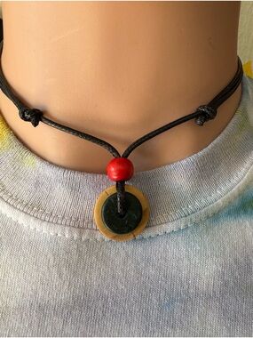 Handmade Black Cord Necklace with Red Bead and Brown-Green Pendant
